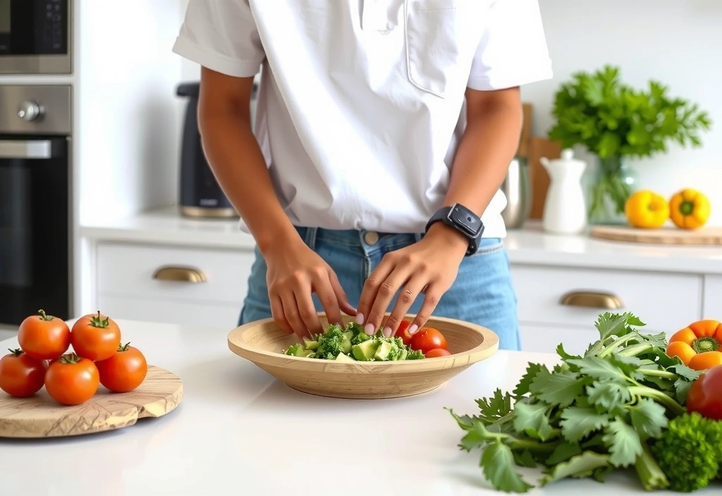 Zdjęcie przedstawiające osobę przygotowującą zdrowy posiłek w kuchni